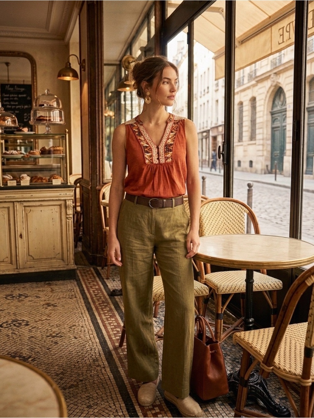 Anthropologie Rust Embroidered V‑Neck Tank